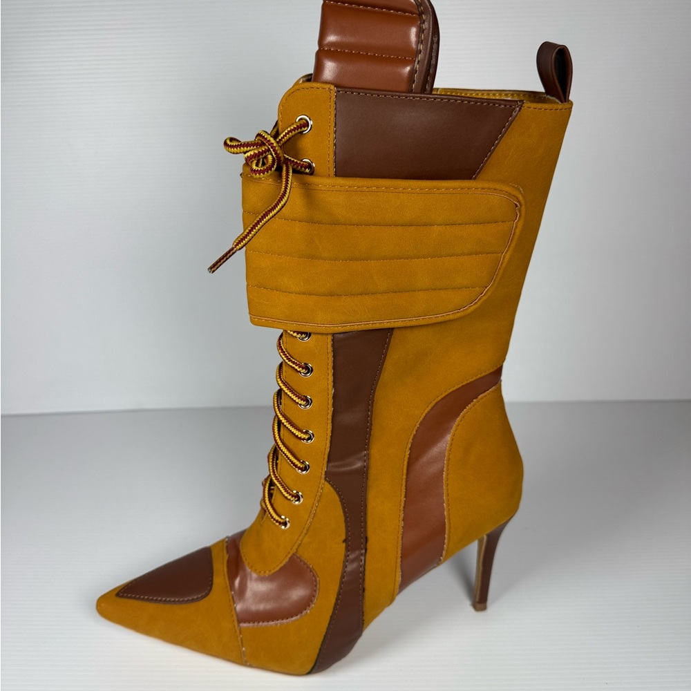 Liliana Mustard Yellow and Brown Lace-Up Pointed Stiletto Ankle Boots - Picture 2 of 4